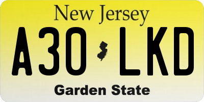 NJ license plate A30LKD