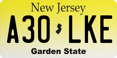 NJ license plate A30LKE