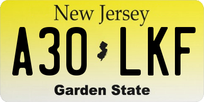NJ license plate A30LKF