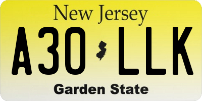 NJ license plate A30LLK