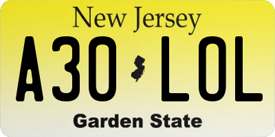 NJ license plate A30LOL