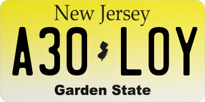 NJ license plate A30LOY