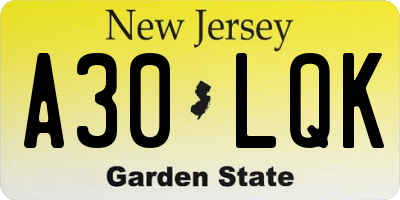 NJ license plate A30LQK