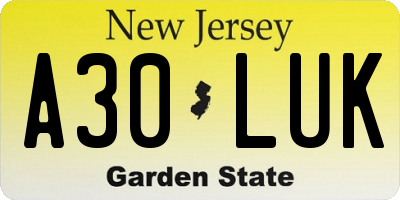 NJ license plate A30LUK