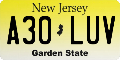 NJ license plate A30LUV