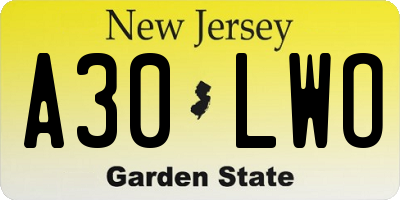 NJ license plate A30LWO