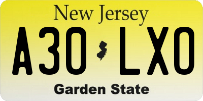 NJ license plate A30LXO
