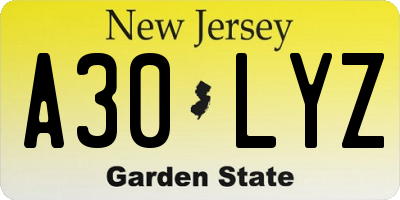 NJ license plate A30LYZ