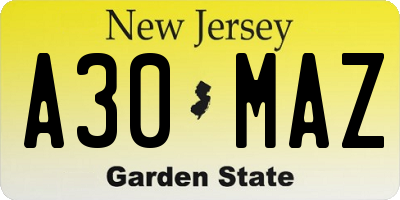 NJ license plate A30MAZ