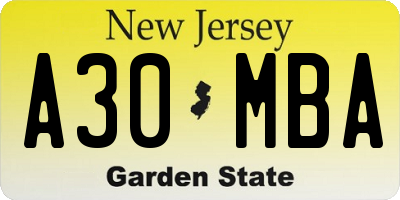 NJ license plate A30MBA