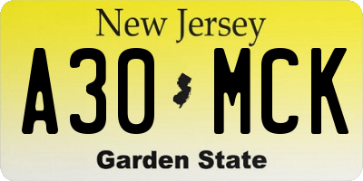 NJ license plate A30MCK