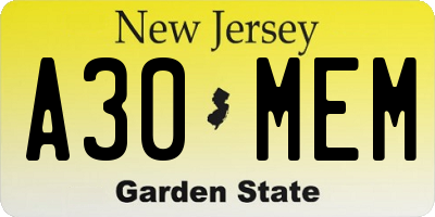 NJ license plate A30MEM