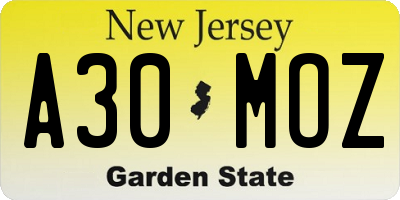 NJ license plate A30MOZ