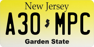 NJ license plate A30MPC