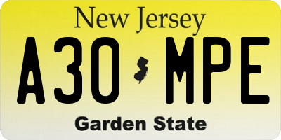 NJ license plate A30MPE