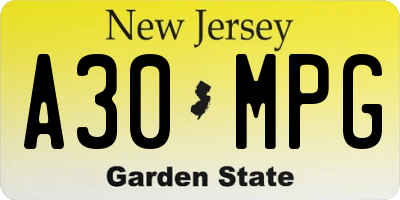 NJ license plate A30MPG