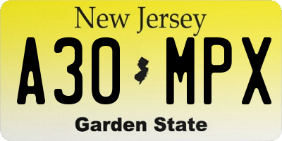 NJ license plate A30MPX