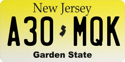 NJ license plate A30MQK