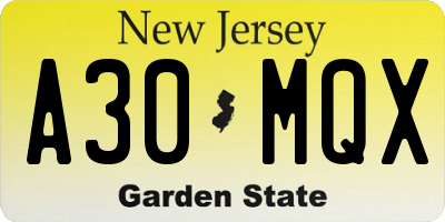 NJ license plate A30MQX