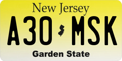 NJ license plate A30MSK