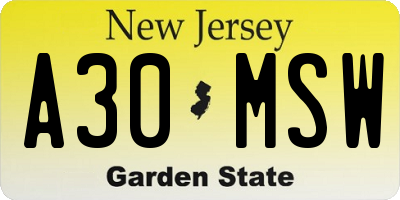NJ license plate A30MSW
