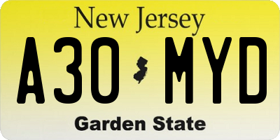 NJ license plate A30MYD