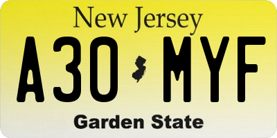 NJ license plate A30MYF