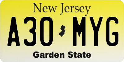 NJ license plate A30MYG
