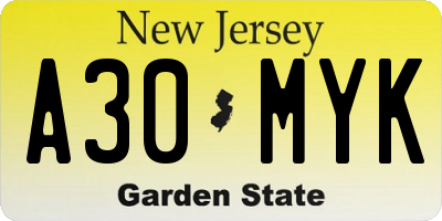 NJ license plate A30MYK