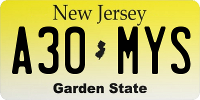 NJ license plate A30MYS