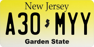 NJ license plate A30MYY
