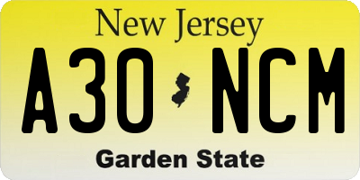 NJ license plate A30NCM