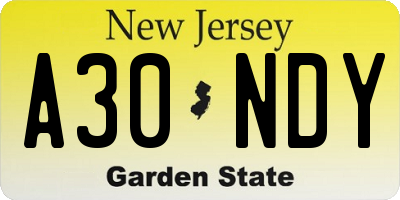 NJ license plate A30NDY