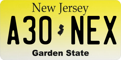 NJ license plate A30NEX