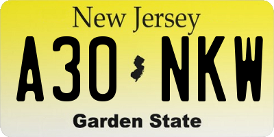 NJ license plate A30NKW