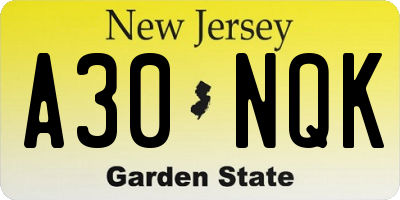 NJ license plate A30NQK