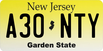 NJ license plate A30NTY