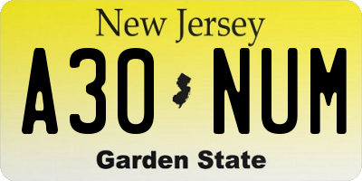 NJ license plate A30NUM