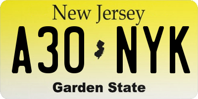 NJ license plate A30NYK
