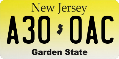 NJ license plate A30OAC