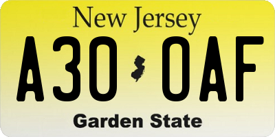 NJ license plate A30OAF