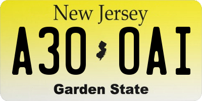 NJ license plate A30OAI