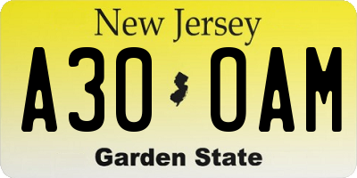 NJ license plate A30OAM
