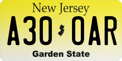 NJ license plate A30OAR