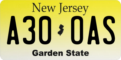 NJ license plate A30OAS