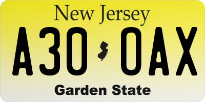NJ license plate A30OAX