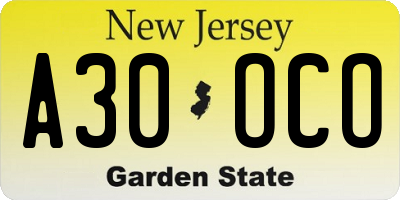 NJ license plate A30OCO