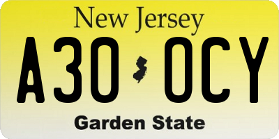 NJ license plate A30OCY