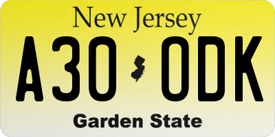 NJ license plate A30ODK