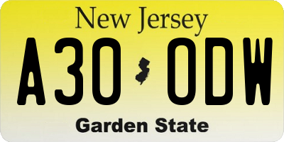 NJ license plate A30ODW